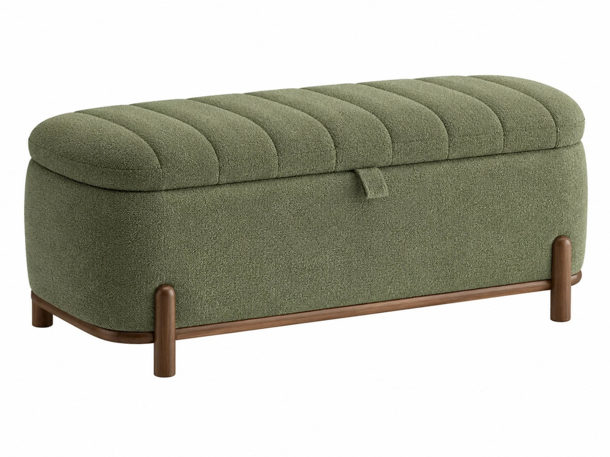 Panca contenitore 120 x 45 x 48 cm in tessuto bouclé verde con struttura in legno