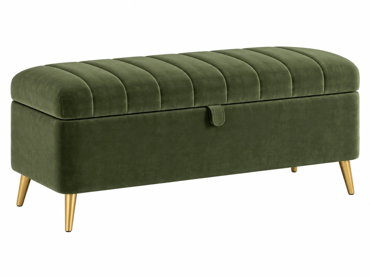 Panca contenitore 100 x 40 x 45 cm in velluto verde con gambe dorate stile moderno