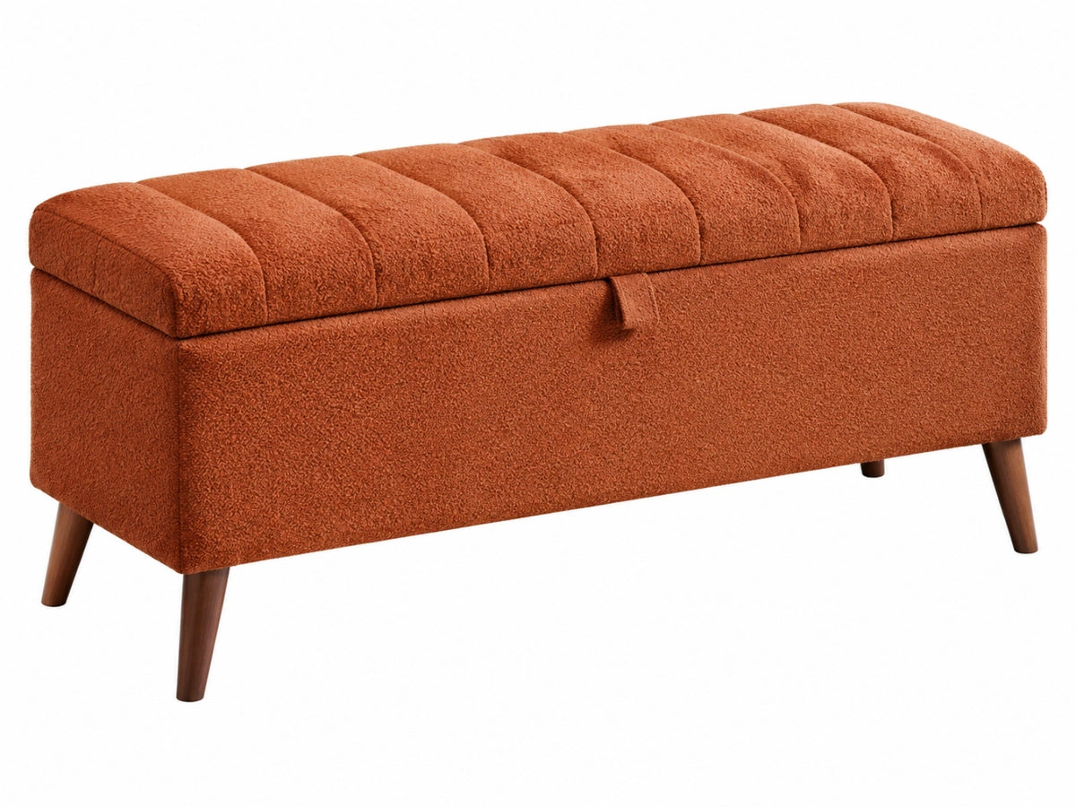 Panca contenitore 100 x 40 x 45 cm in tessuto bouclé terracotta con gambe in legno - stile moderno