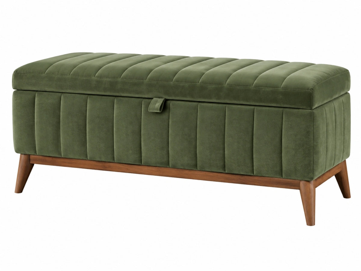 Panca contenitore 120 cm in velluto verde con gambe in legno - stile moderno
