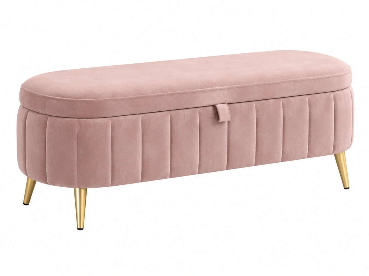 Panca contenitore 100 x 40 cm in velluto rosa con gambe in metallo stile glamour