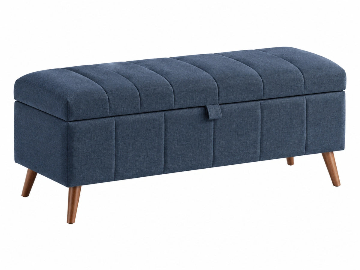 Panca contenitore 110 x 40 x 46 cm in tessuto blu con gambe in legno - stile moderno per ingresso