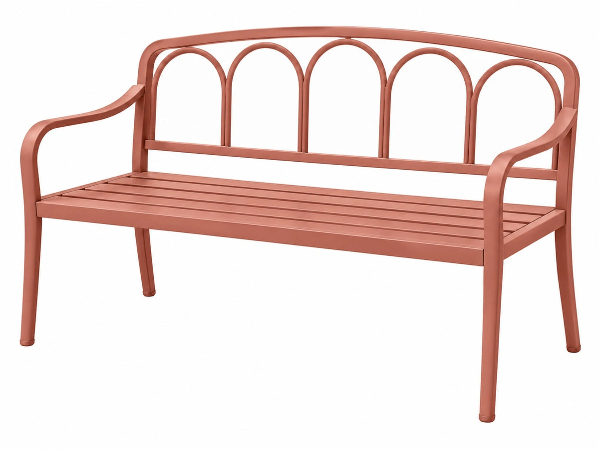 Panca da giardino 120 x 60 x 85 cm in metallo terracotta con schienale ad archi