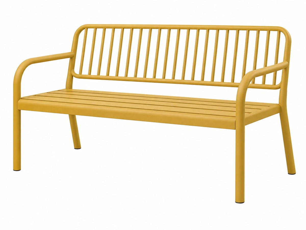 Panca da giardino 120 x 60 x 85 cm in metallo giallo con schienale e braccioli