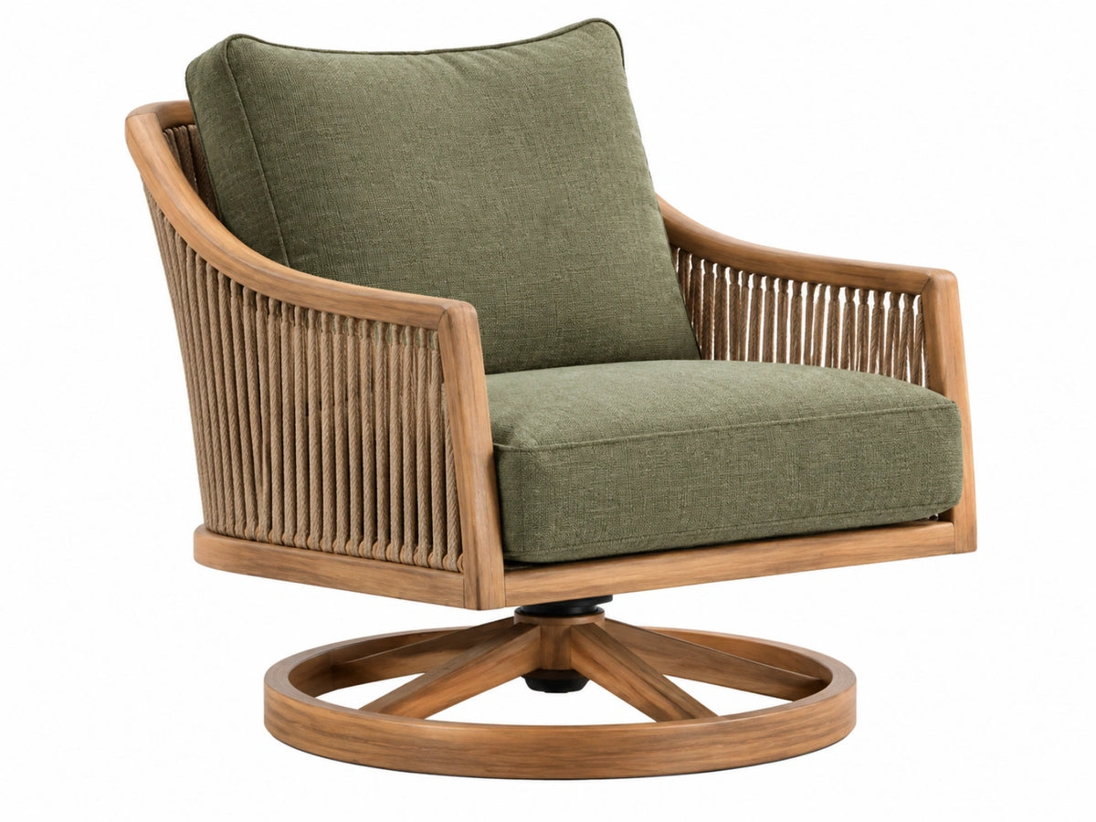 Poltrona girevole 82 x 82 x 85 cm in legno corda e tessuto verde oliva stile naturale