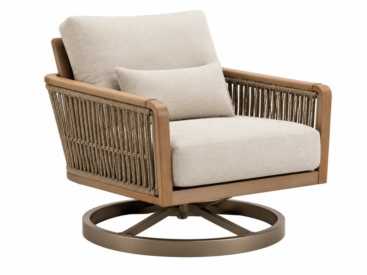 Poltrona girevole 78 x 82 x 88 cm in legno e corda beige per esterno stile contemporaneo