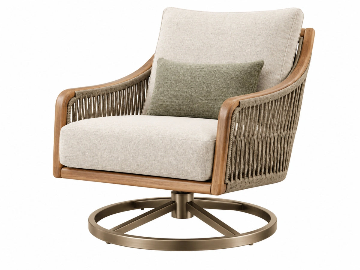 Poltrona girevole 82 x 86 x 92 cm in legno e corda beige stile contemporaneo