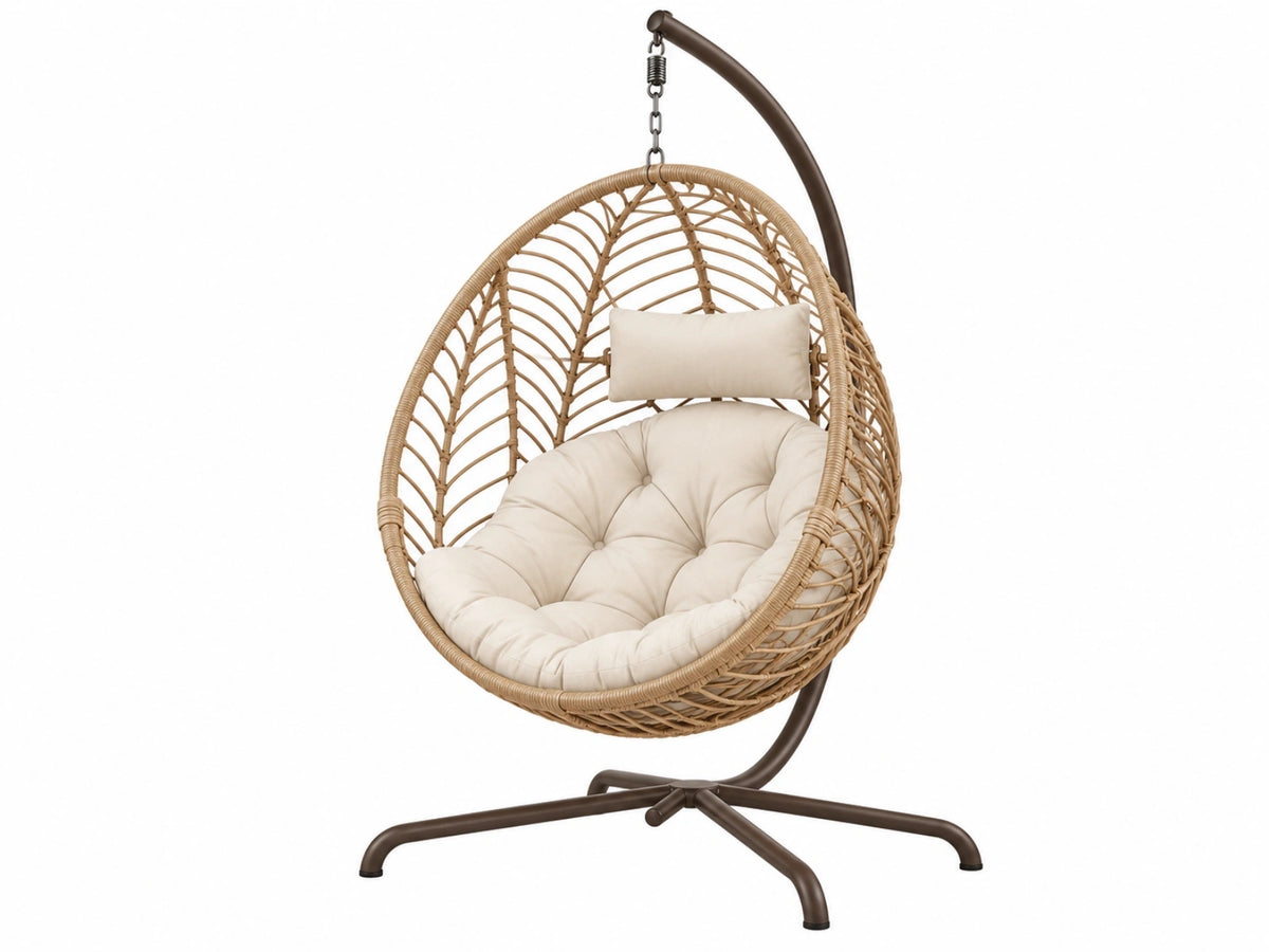 Poltrona sospesa 105 x 105 x 195 cm in fibra intrecciata beige con supporto in acciaio marrone