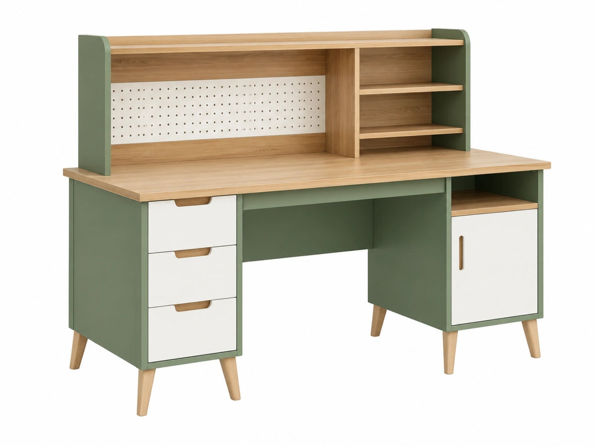 Scrivania con libreria 120 x 60 x 145 cm in legno verde bianco e naturale - con cassetti e ripiani