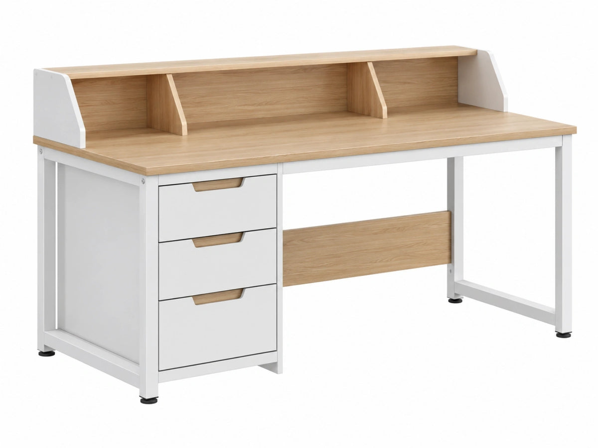 Scrivania con 3 cassetti 120 x 60 x 100 cm in metallo bianco e pannelli effetto legno - stile moderno con ripiano superiore